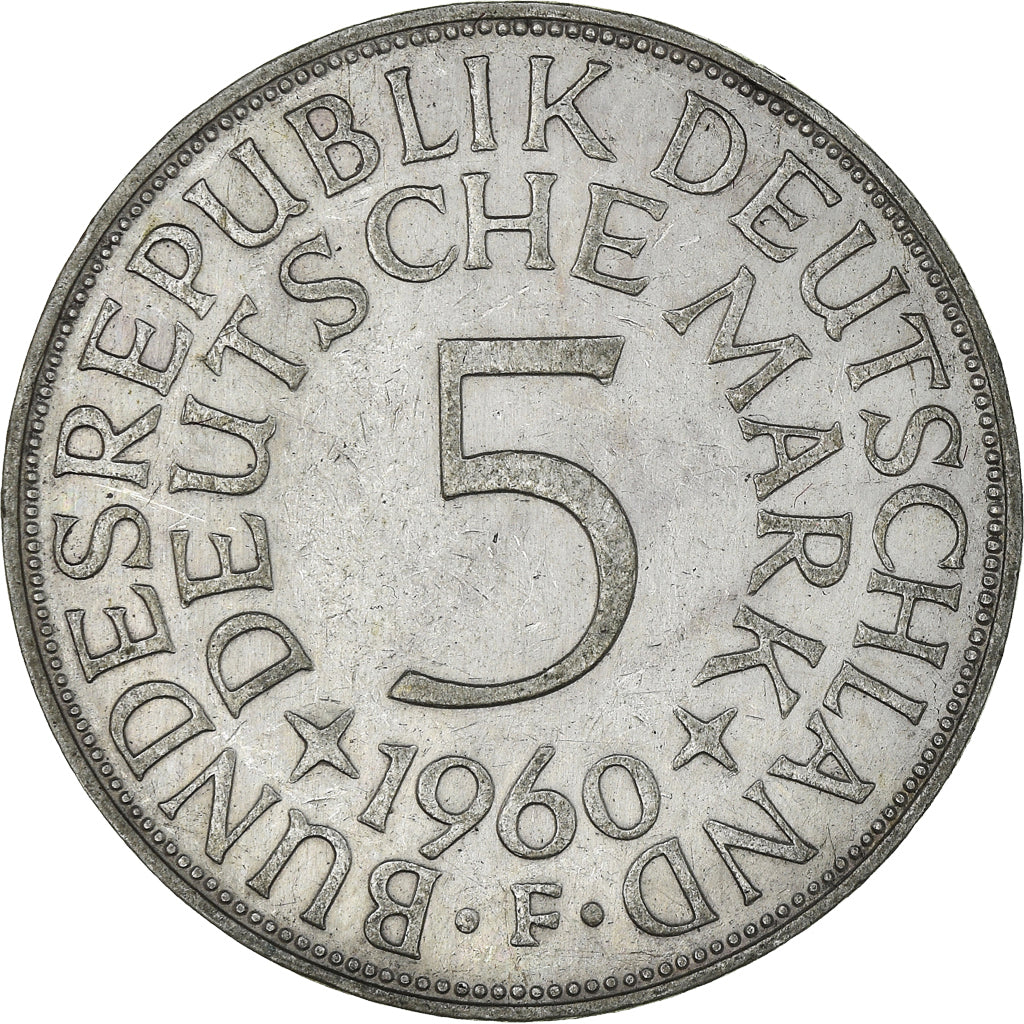 Coin, GERMANY - FEDERAL REPUBLIC, 5 Mark, 1960, Stuttgart, EF(40-45), Silver