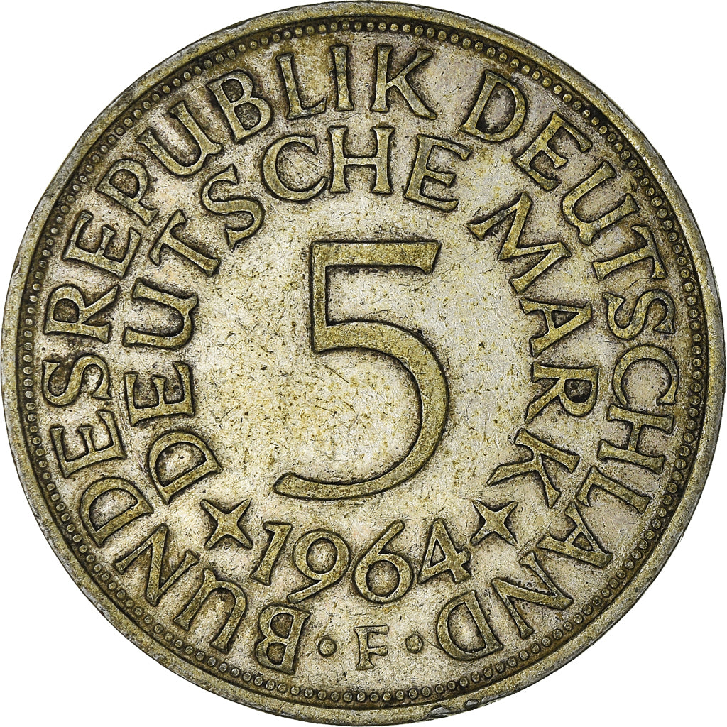 Coin, GERMANY - FEDERAL REPUBLIC, 5 Mark, 1964, Stuttgart, EF(40-45), Silver