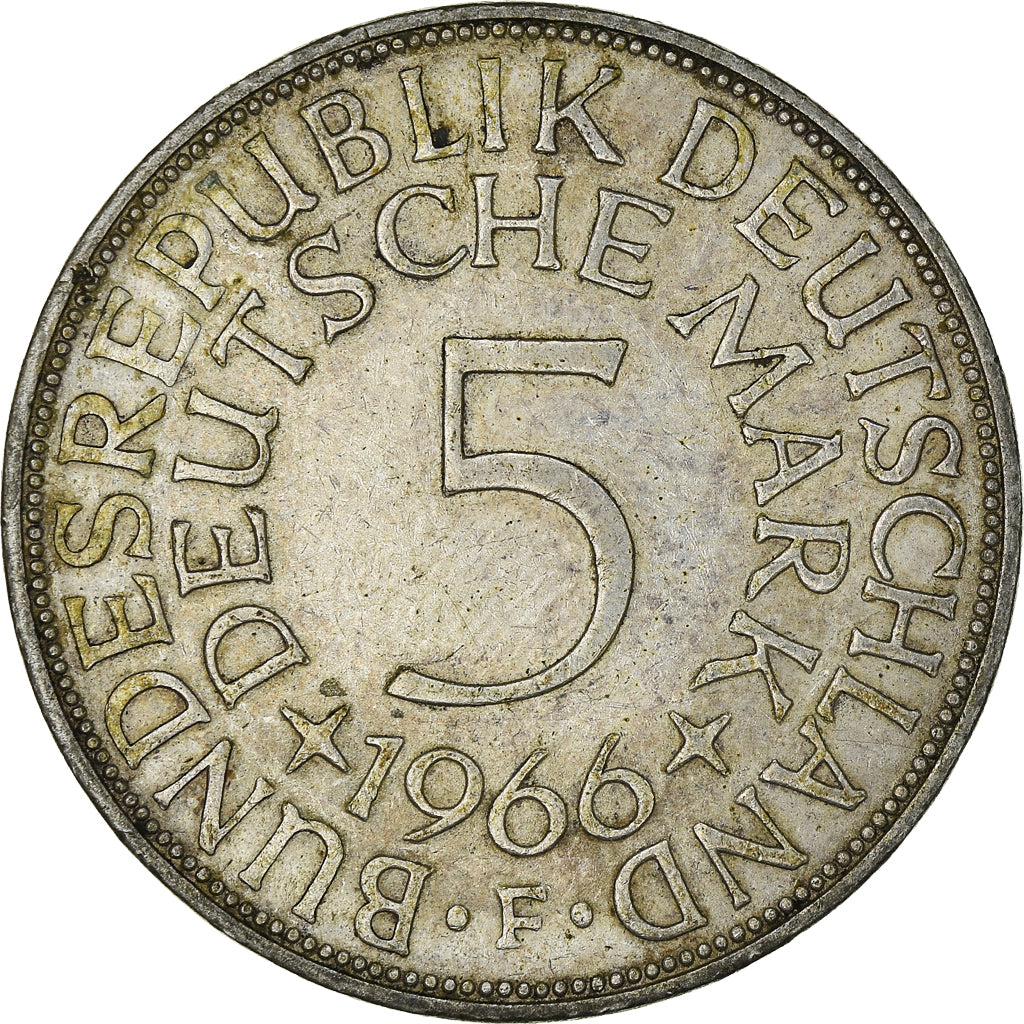 Coin, GERMANY - FEDERAL REPUBLIC, 5 Mark, 1966, Stuttgart, VF(30-35), Silver