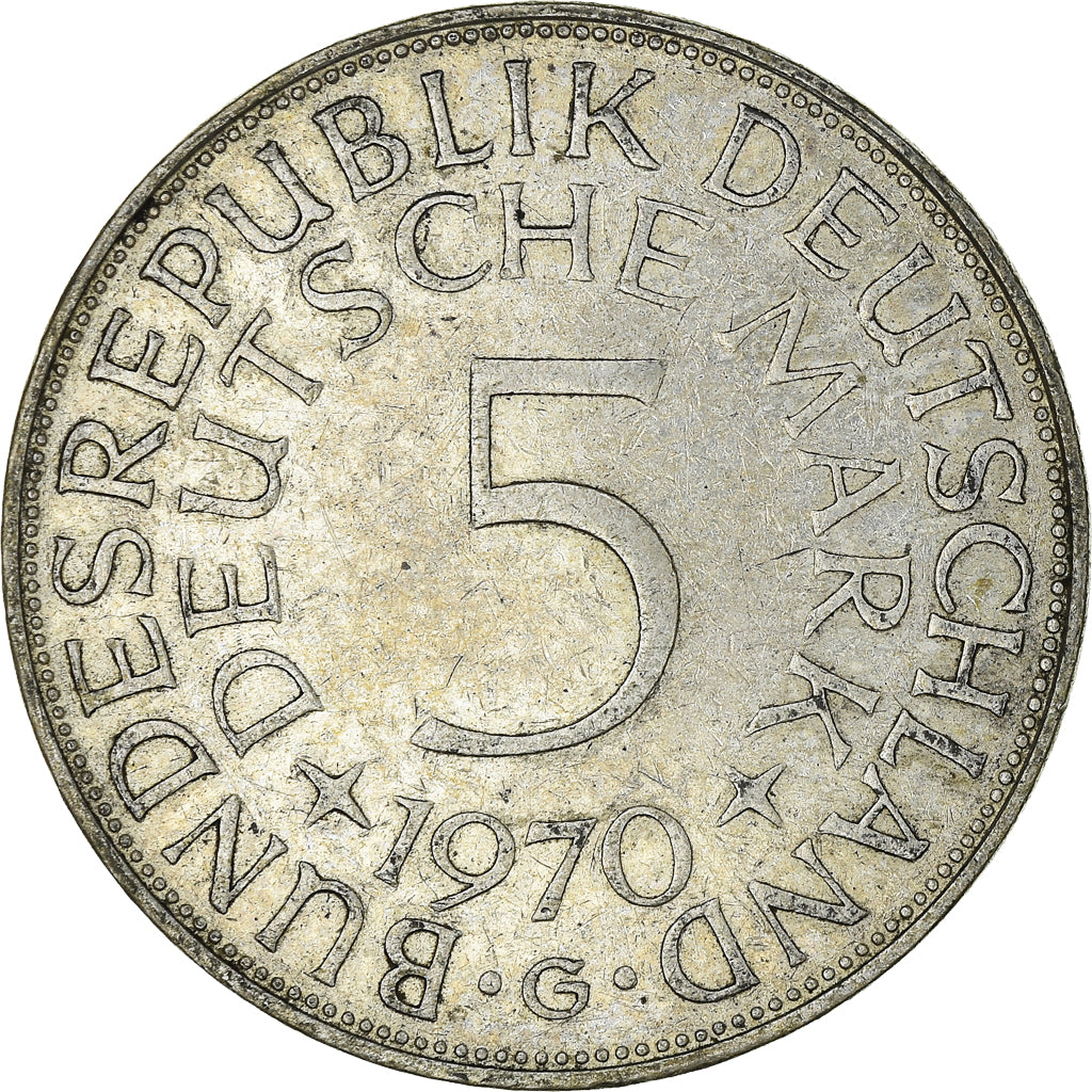 Coin, GERMANY - FEDERAL REPUBLIC, 5 Mark, 1970, Karlsruhe, AU(50-53), Silver