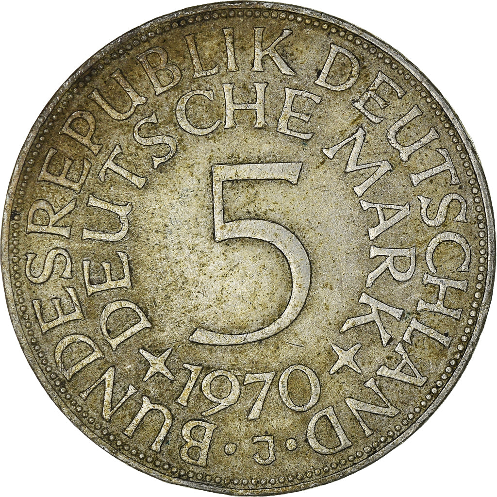 Coin, GERMANY - FEDERAL REPUBLIC, 5 Mark, 1970, Hambourg, EF(40-45), Silver