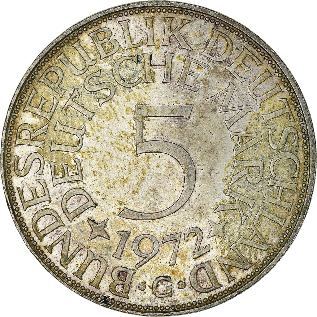 Coin, GERMANY - FEDERAL REPUBLIC, 5 Mark, 1972, Karlsruhe, AU(55-58), Silver