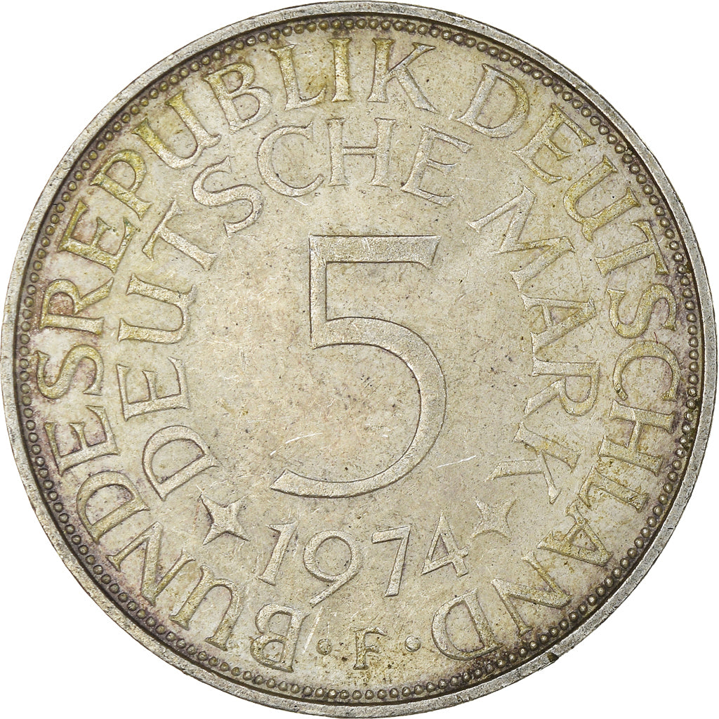 Coin, GERMANY - FEDERAL REPUBLIC, 5 Mark, 1974, Stuttgart, AU(50-53), Silver