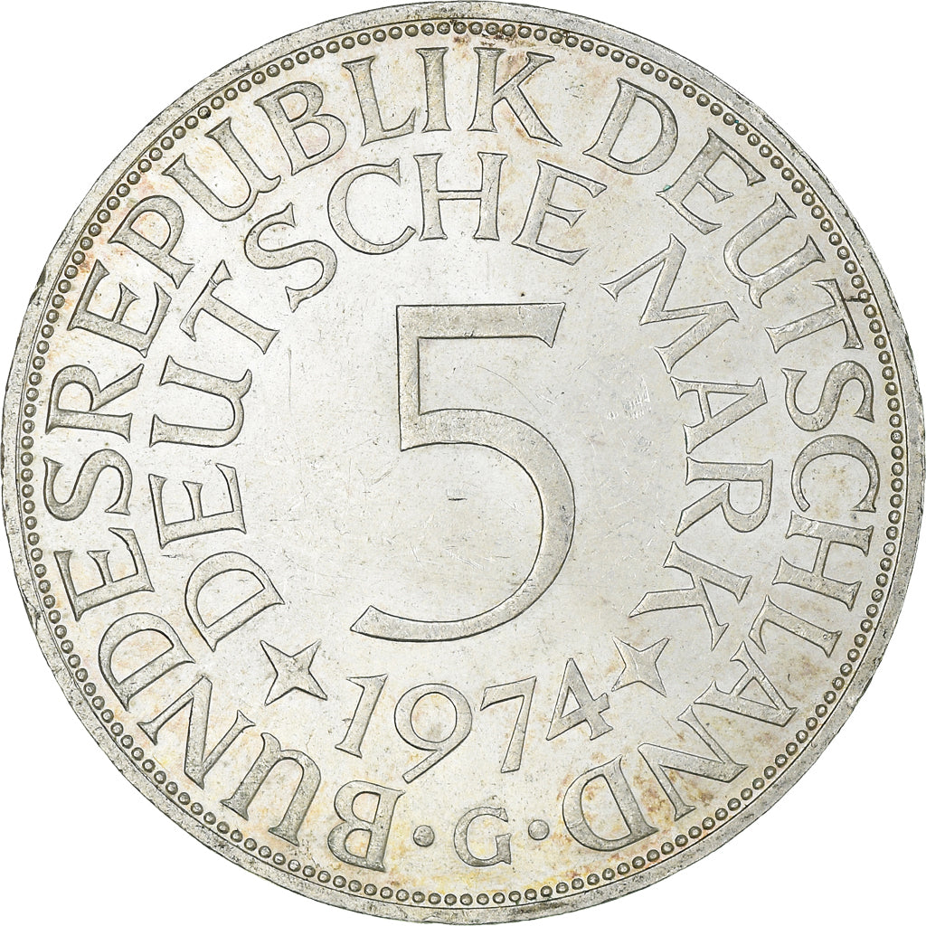 Moeda, ALEMANHA - REPÚBLICA FEDERAL, 5 Mark, 1974, Karlsruhe, MS(60-62), Prata
