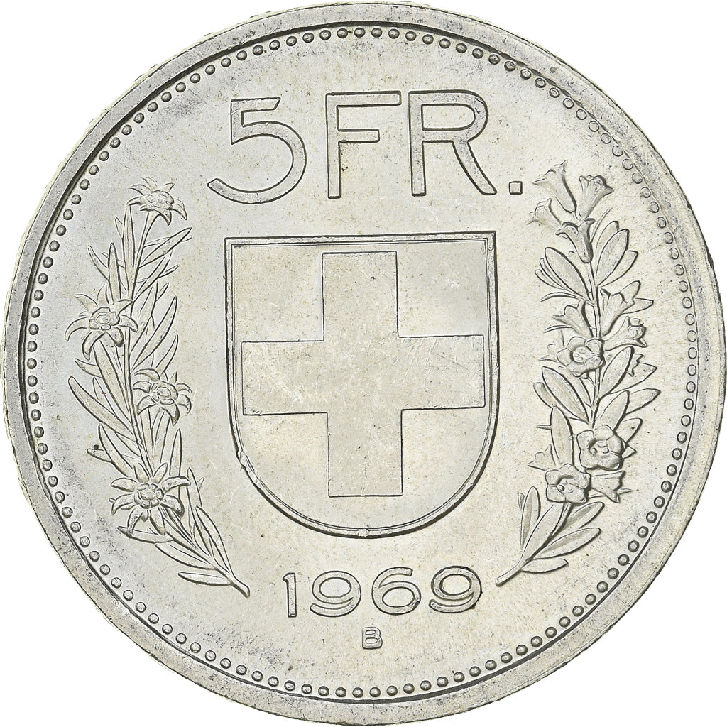 Coin, Switzerland, 5 Francs, 1969, Bern, MS(60-62), Silver, KM:40