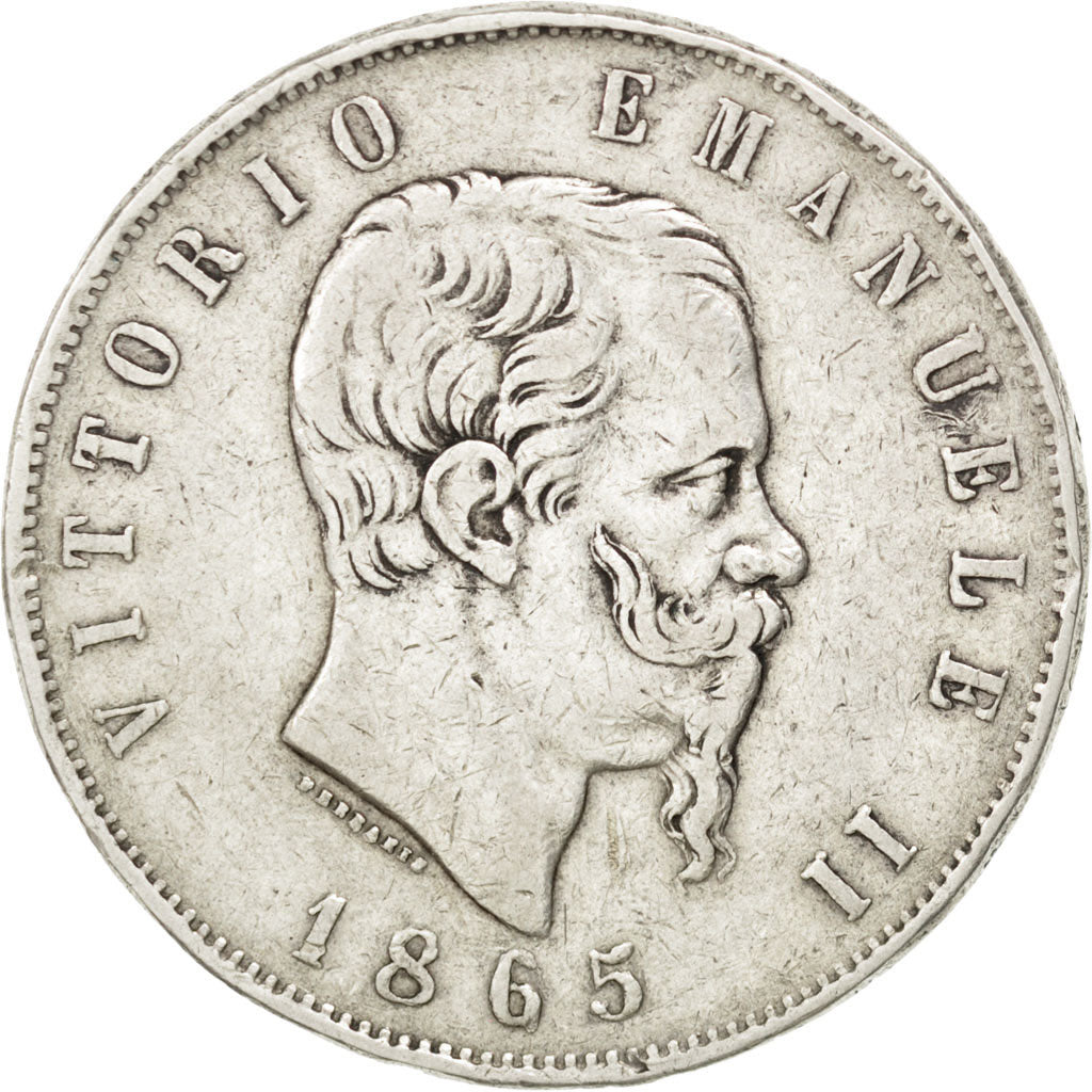 ITALY, 5 Lire, 1865, Torino, KM #8.1, VF(30-35), Silver, 24.78