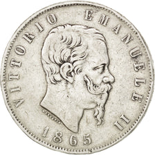 ITALY, 5 Lire, 1865, Torino, KM #8.1, VF(30-35), Silver, 24.78