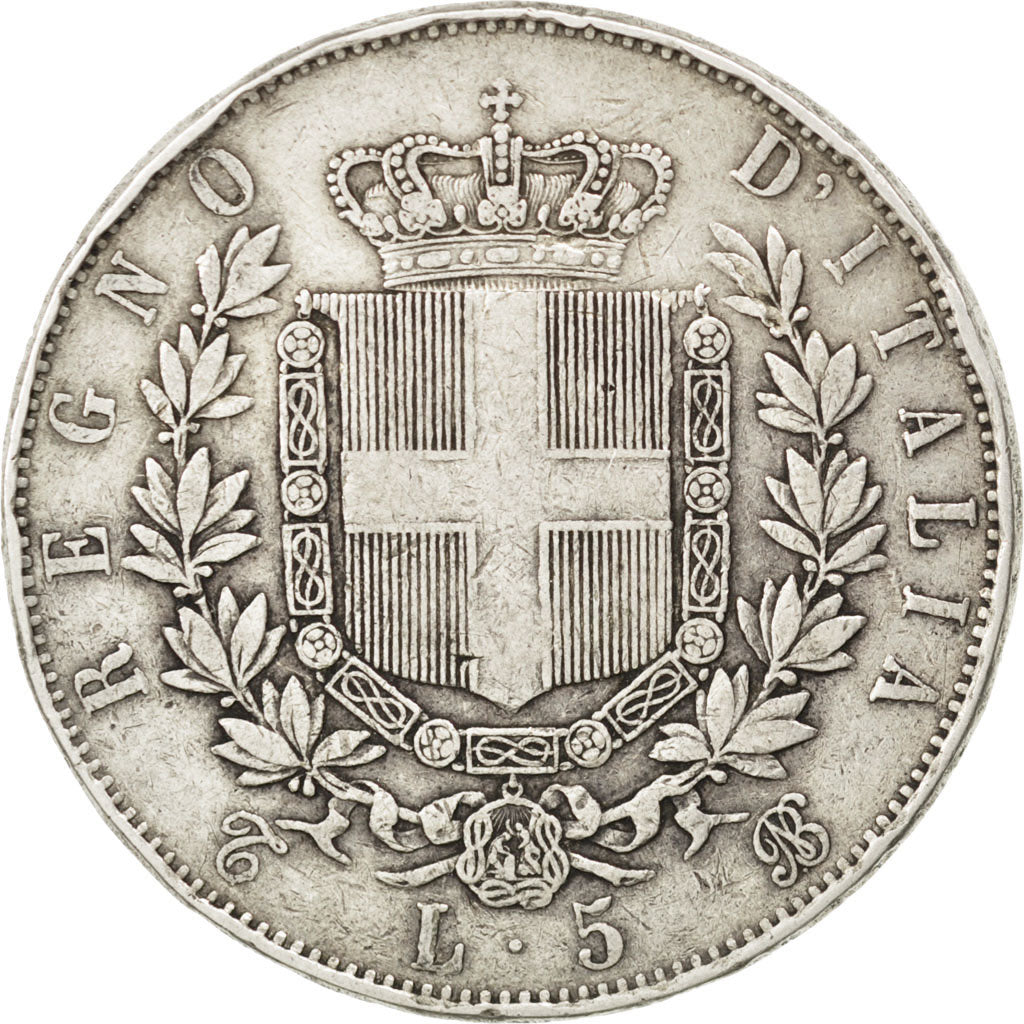 ITALY, 5 Lire, 1865, Torino, KM #8.1, VF(30-35), Silver, 24.78