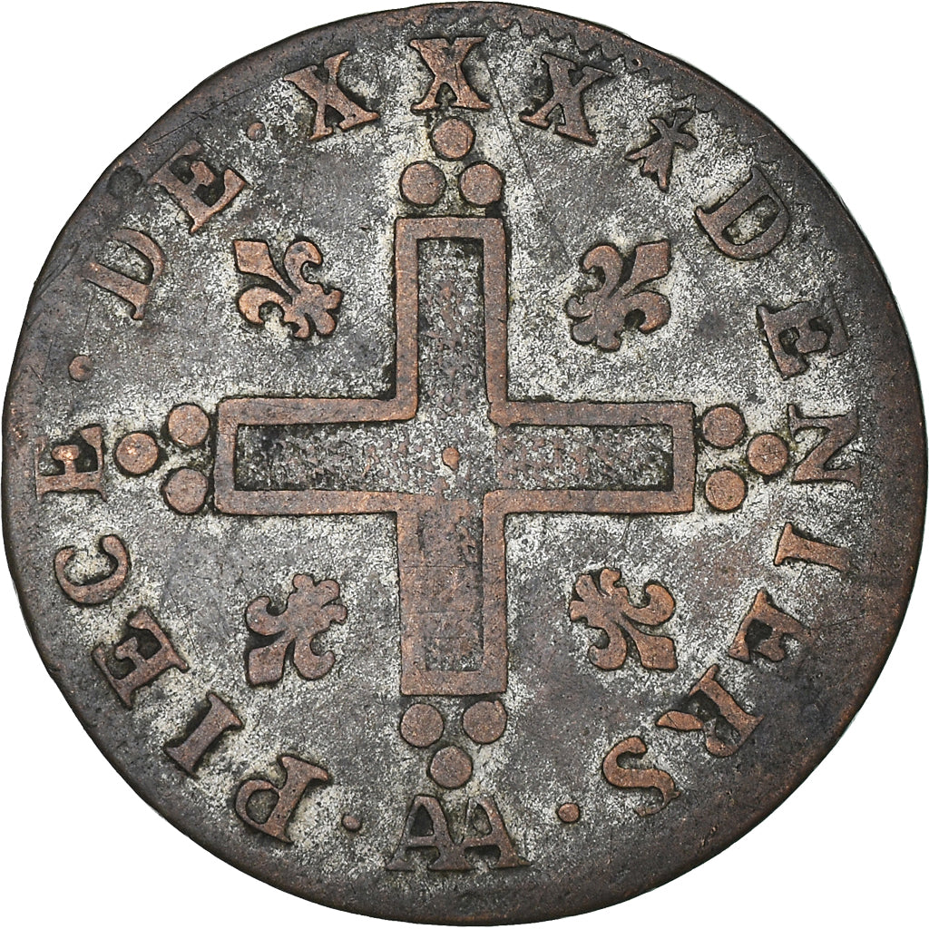 Coin, France, Louis XIV, XXX Deniers aux 2 L couronnés, 30 Deniers, 1710, Metz