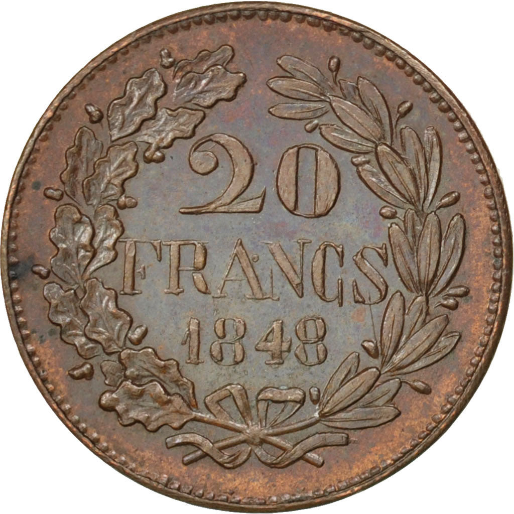 FRANCE, 20 Francs, 1848, AU(55-58), Copper, Gadoury #1046p, 9.94