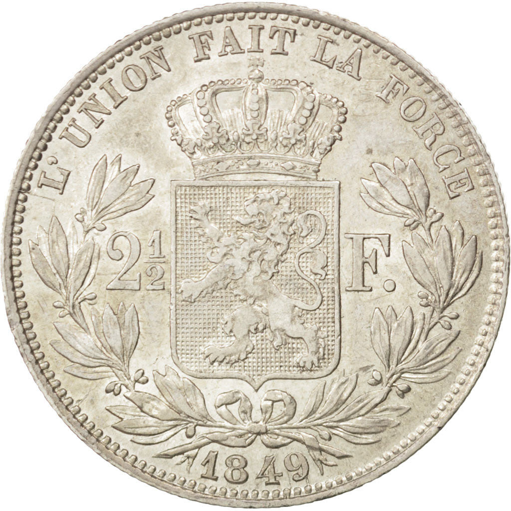 BELGIUM, 2-1/2 Francs, 1849, KM #11, AU(50-53), Silver, 12.37