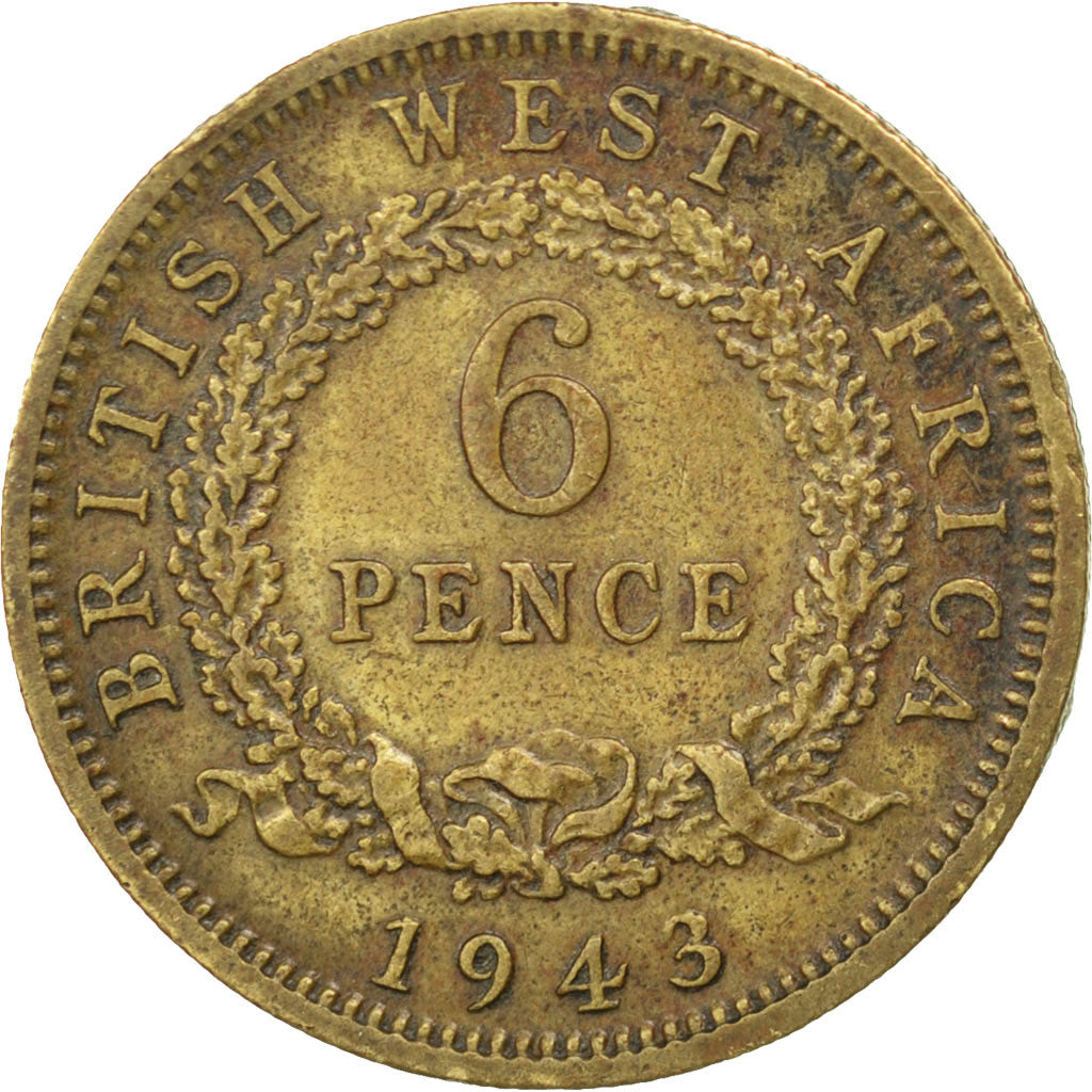 BRITISH WEST AFRICA, 6 Pence, 1943, KM #22, EF(40-45), Nickel-Brass, 19.34, 3.38