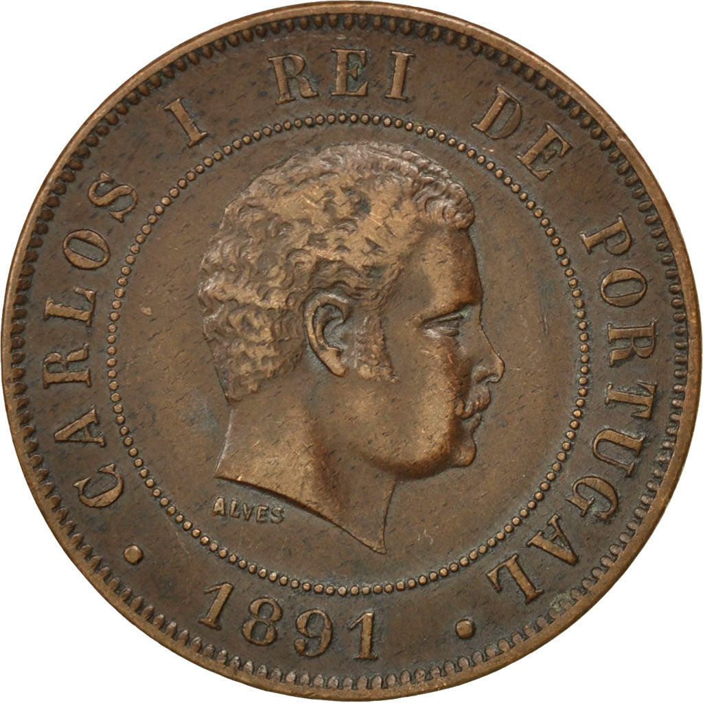 PORTUGAL, 20 Reis, 1891, KM #533, EF(40-45), Bronze, 30, 11.97