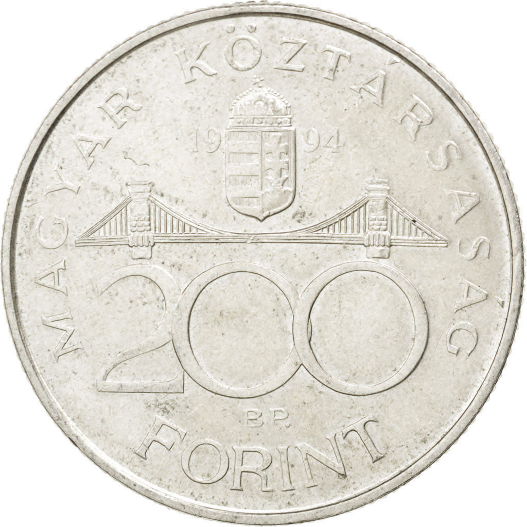 HUNGARY, 200 Forint, 1994, KM #707, AU(55-58), Silver, 11.92