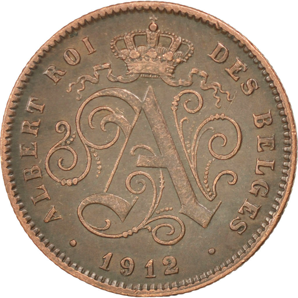 BELGIUM, 2 Centimes, 1912, KM #64, AU(50-53), Copper, 21.5, 4.03