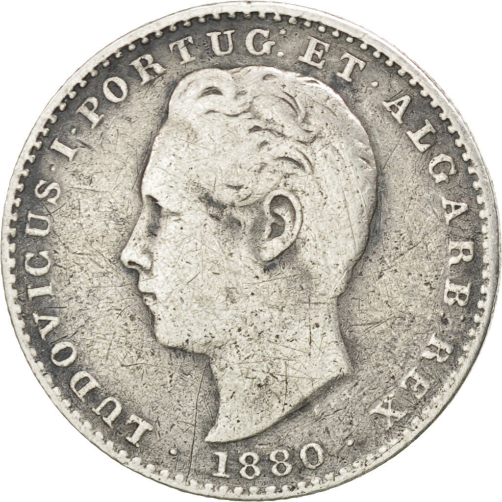 PORTUGAL, 100 Reis, 1880, KM #510, VF(20-25), Silver, 2.37