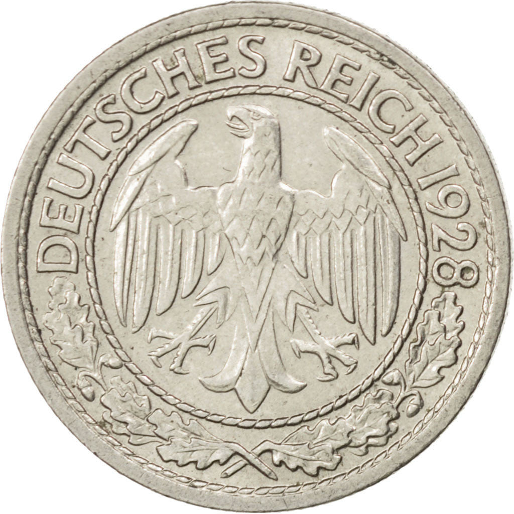 GERMANY, WEIMAR REPUBLIC, 50 Reichspfennig, 1928, Karlsruhe, KM #49, AU(50-53),.