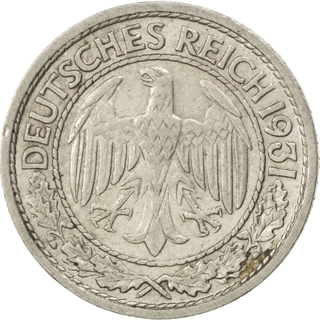 GERMANY, WEIMAR REPUBLIC, 50 Reichspfennig, 1931, Berlin, KM #49, EF(40-45),...