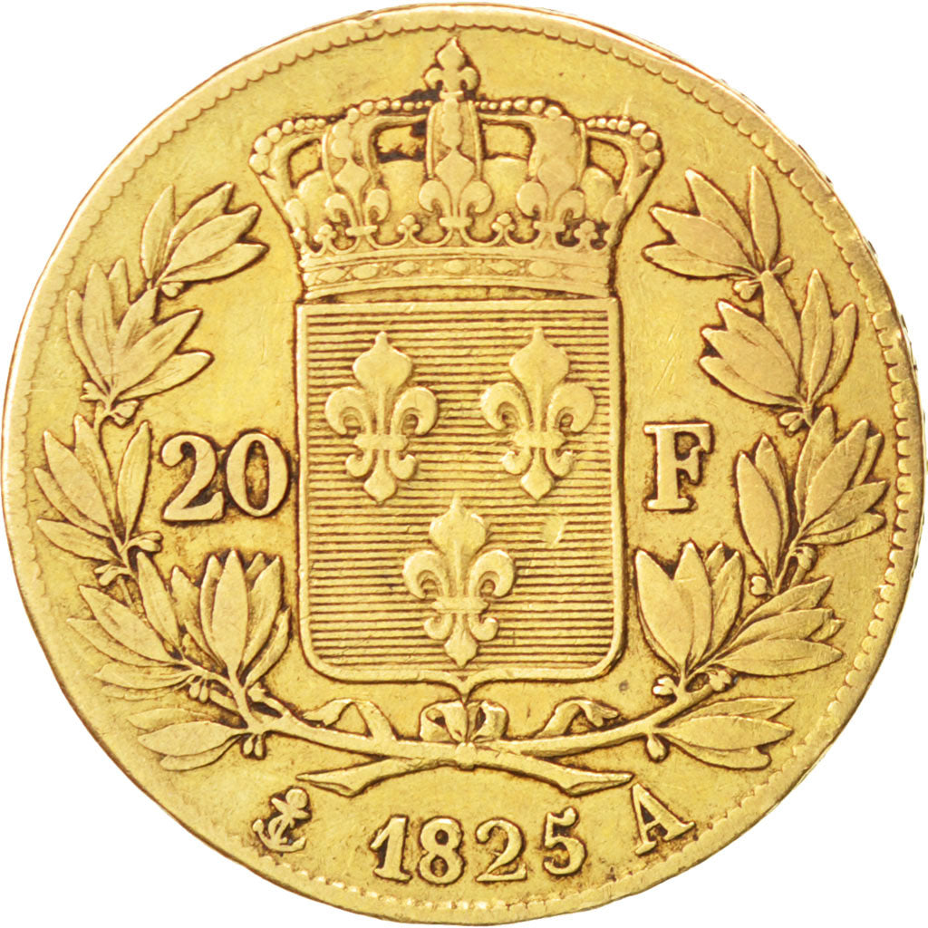 FRANCE, Charles X, 20 Francs, 1825, Paris, KM #726.1, VF(30-35), Gold, Gadoury..