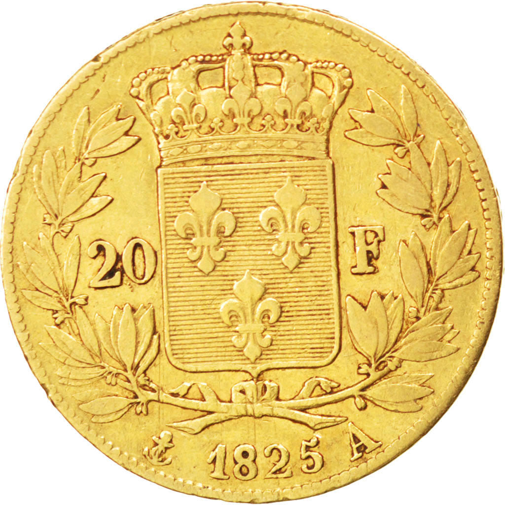 FRANCE, Charles X, 20 Francs, 1825, Paris, KM #726.1, VF(30-35), Gold, Gadoury..