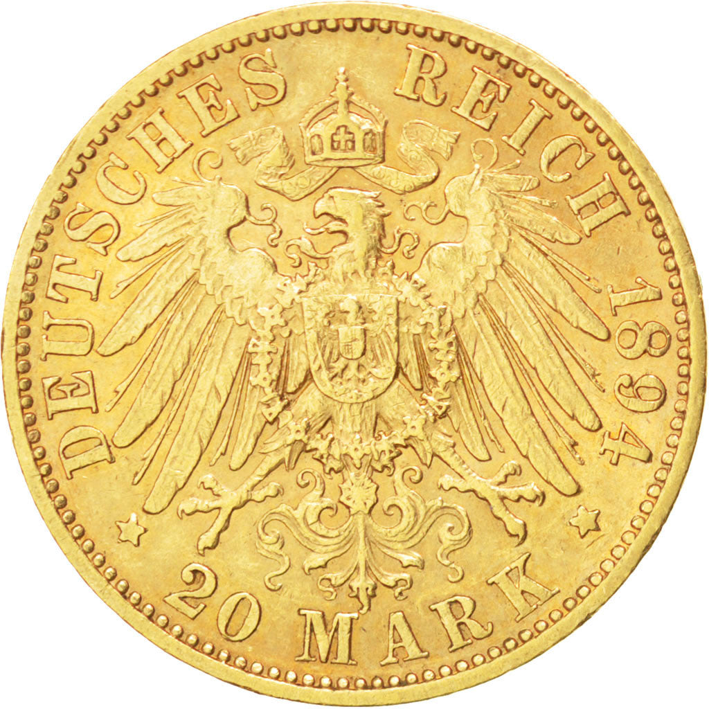 German States, 20 Mark, 1894, Muldenhütten, KM #1248, AU(50-53), Gold, 7.93