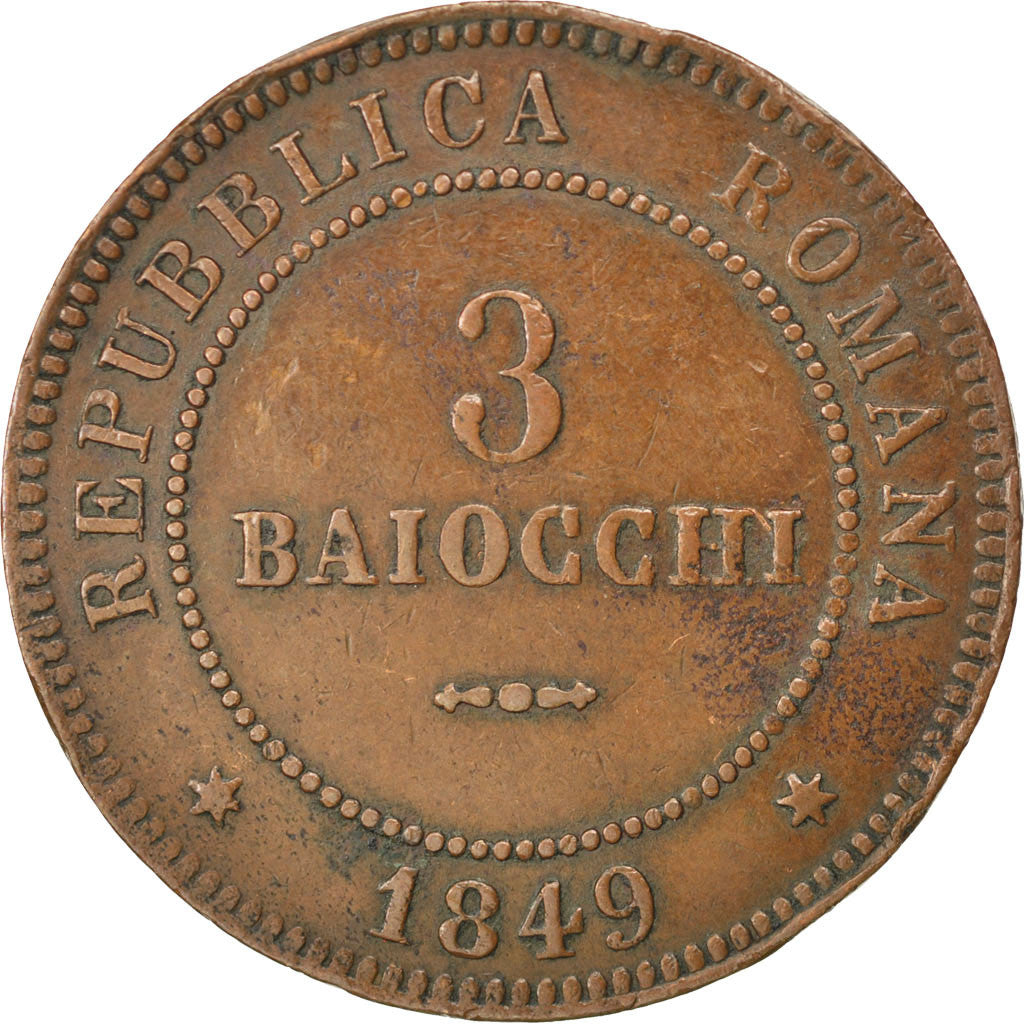 ITALIAN STATES, 3 Baiocchi, 1849, Roma, KM #23.1, EF(40-45), Copper, 25.15