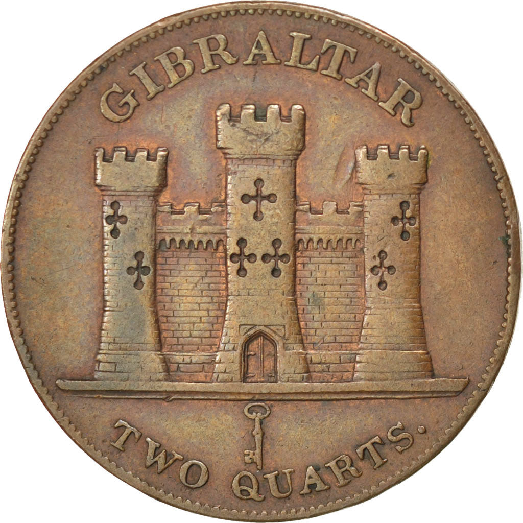 GIBRALTAR, 2 Quarts, 1842, KM #3, EF(40-45), Copper, 10.26