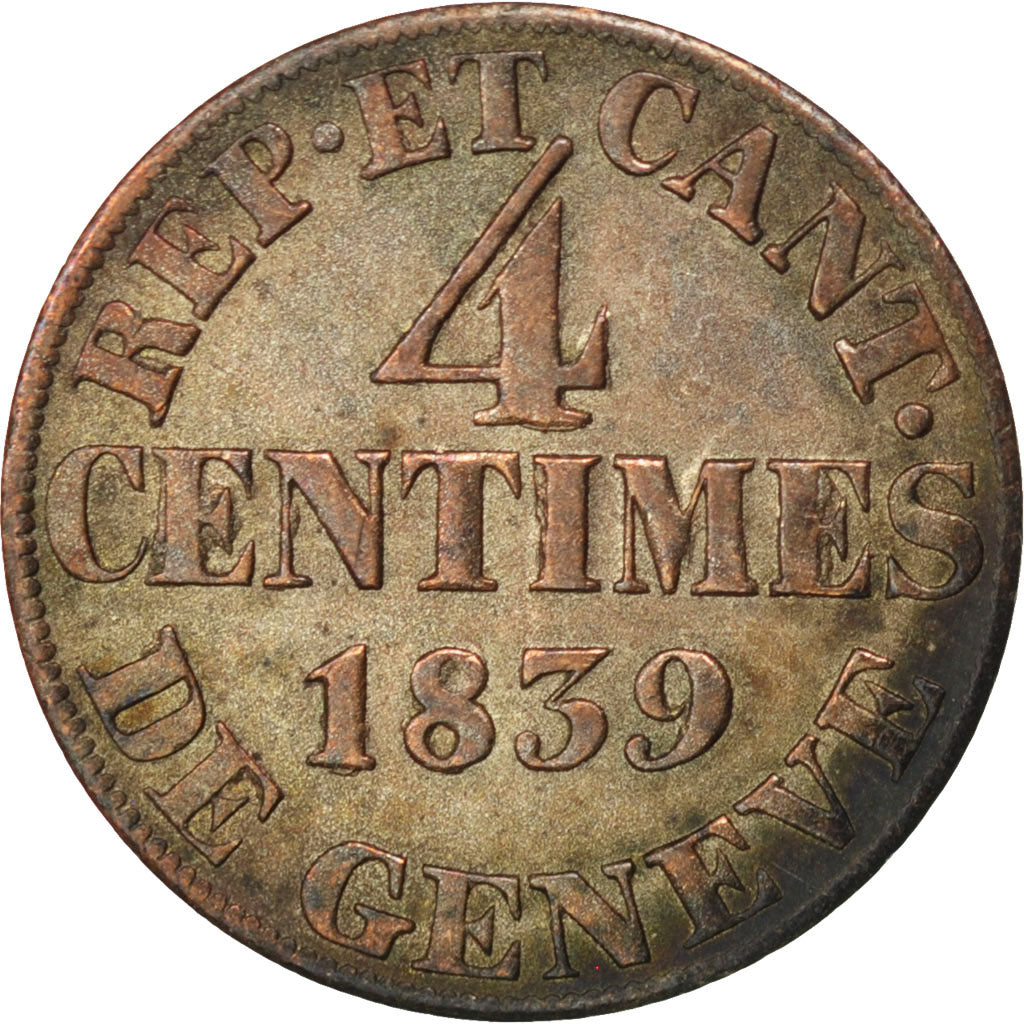 SWISS CANTONS, 4 Centimes, 1839, KM #127, AU(50-53), Billon, 1.79