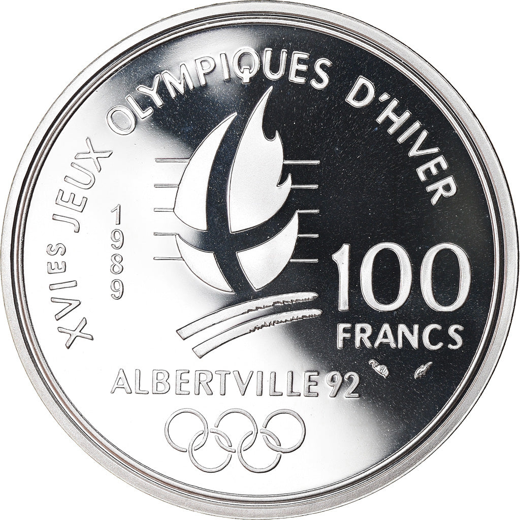 Moeda, França, patinage artistique, 100 Francs, 1989, BE, MS(65-70), Prata