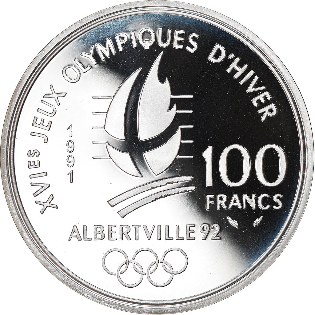 Munten, Frankrijk, Saut à ski, 100 Francs, 1991, BE, FDC, Zilver, KM:995