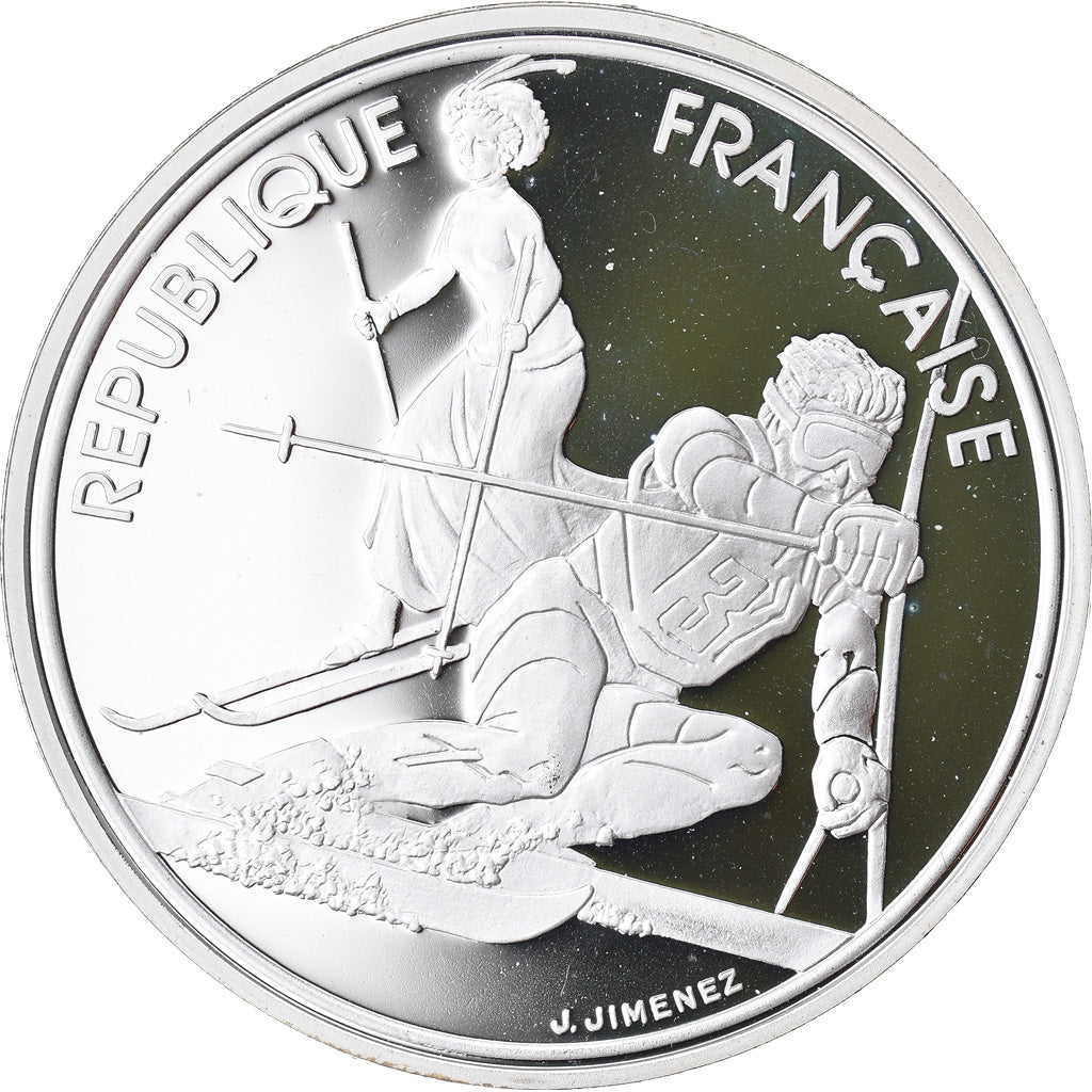 Coin, France, Slalom skiers, 100 Francs, 1990, BE, MS(65-70), Silver, KM:984