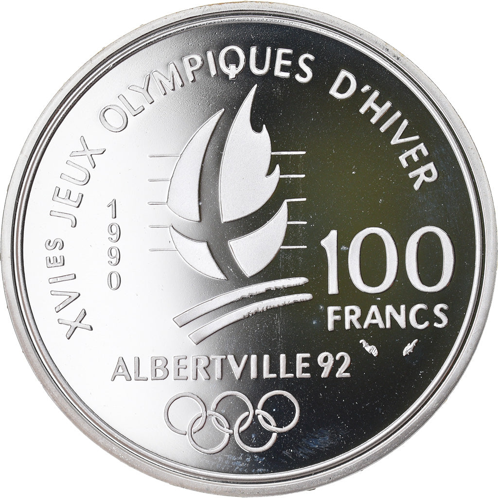 Coin, France, Slalom skiers, 100 Francs, 1990, BE, MS(65-70), Silver, KM:984