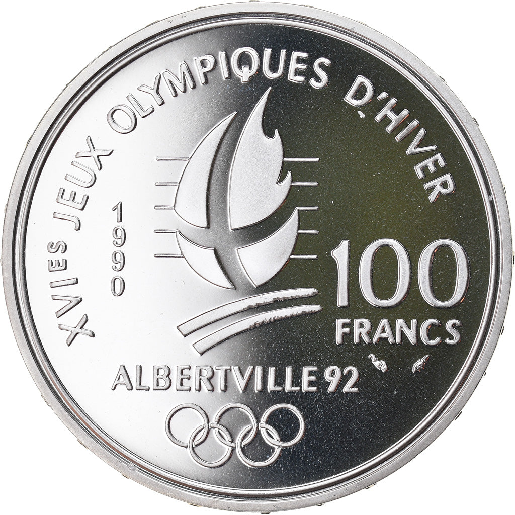 Moeda, França, Bobsleigh, 100 Francs, 1990, BE, MS(65-70), Prata, KM:981