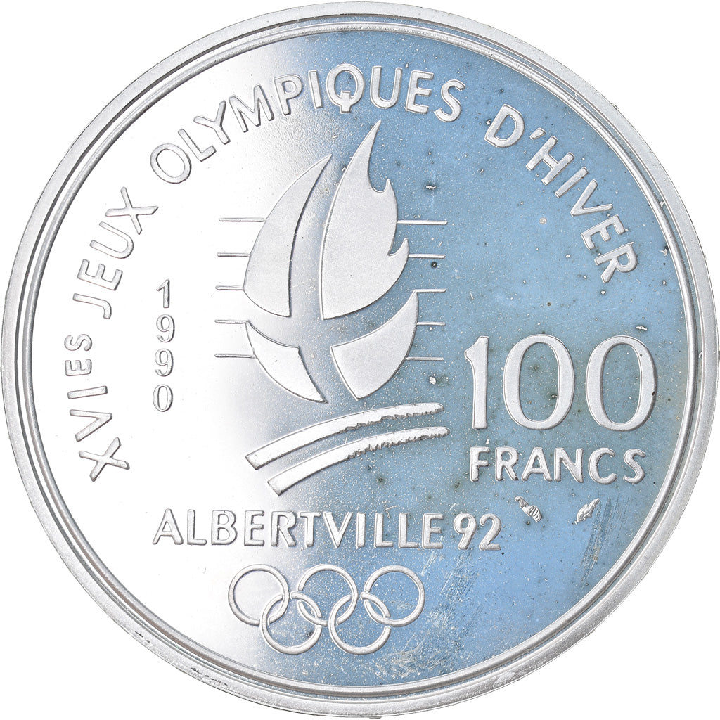 Moneta, Francia, Slalom skiers, 100 Francs, 1990, BE, FDC, Argento, KM:984