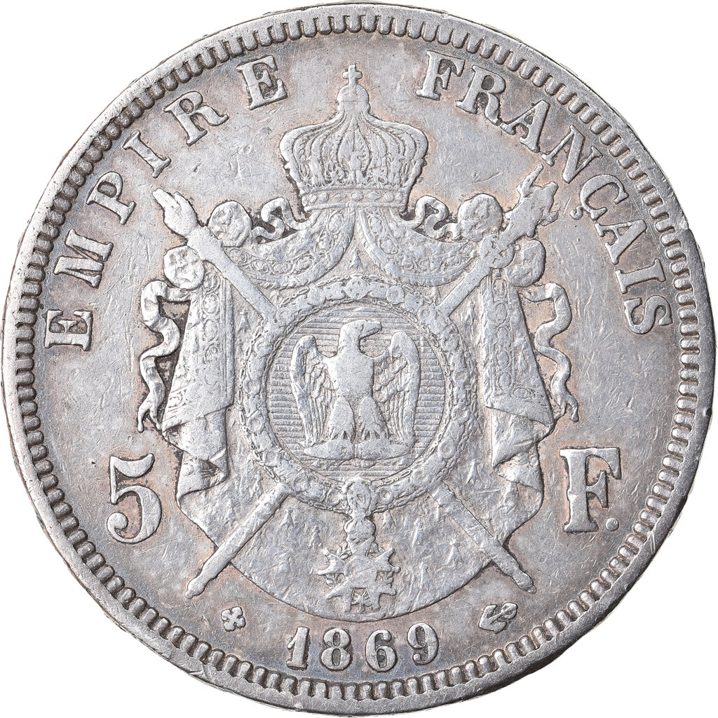 Moneda, Francia, Napoléon III, 5 Francs, 1869, Strasbourg, BC+, Plata