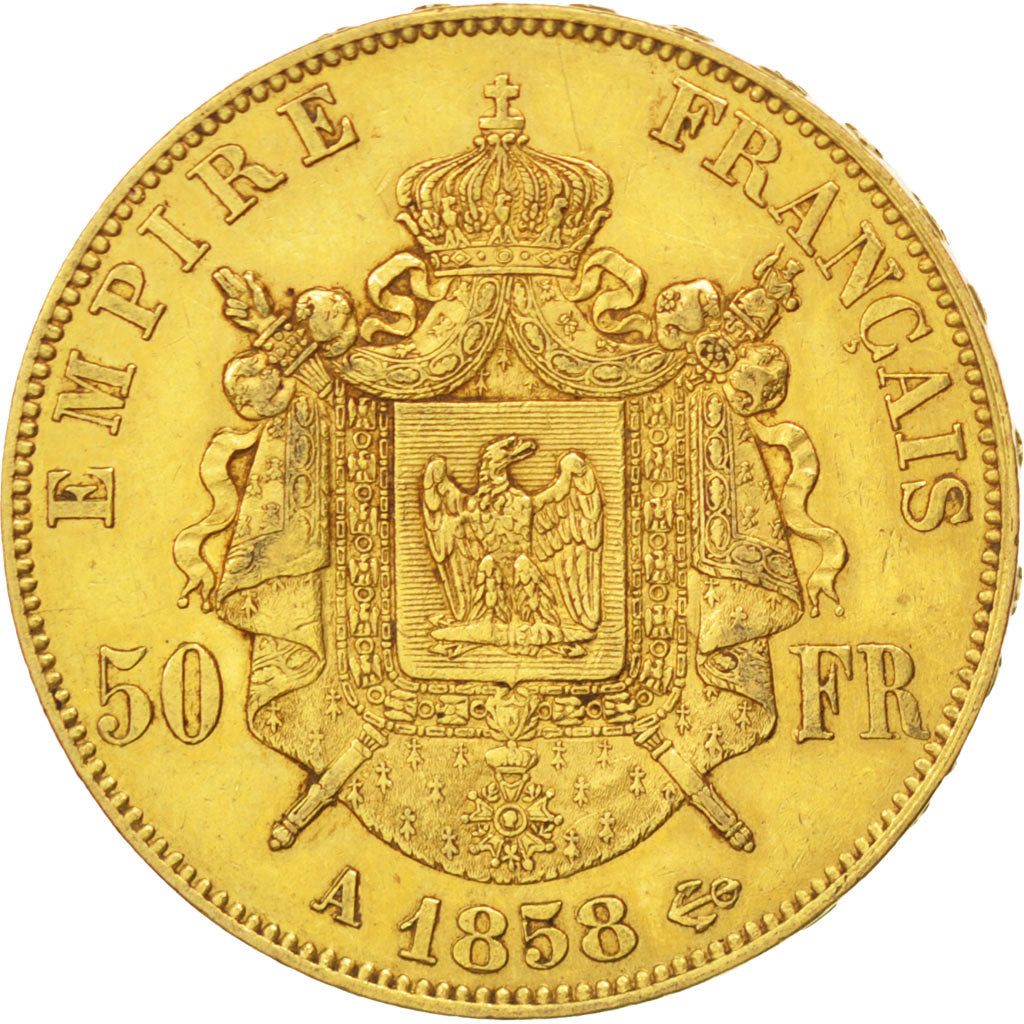 Francia, Napoleon III, Napoléon III, 50 Francs, 1858, Paris, BB, Oro, KM:785.1