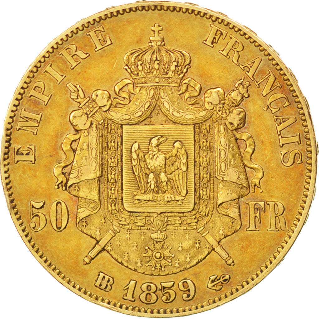 FRANCE, Napoléon III, 50 Francs, 1859, Strasbourg, KM #785.2, EF(40-45), Gold, G