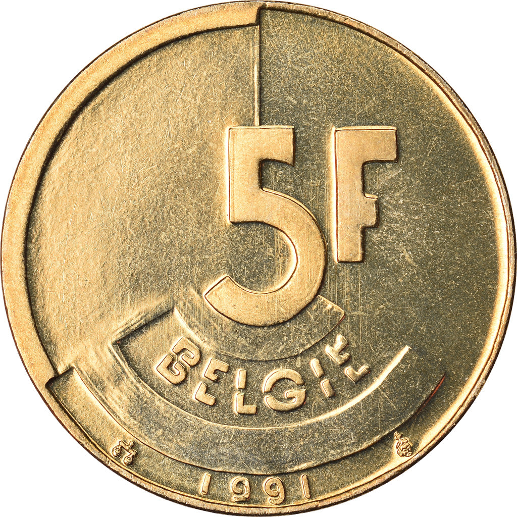 Coin, Belgium, 5 Francs, 5 Frank, 1991, MS(65-70), Brass Or Aluminum-Bronze