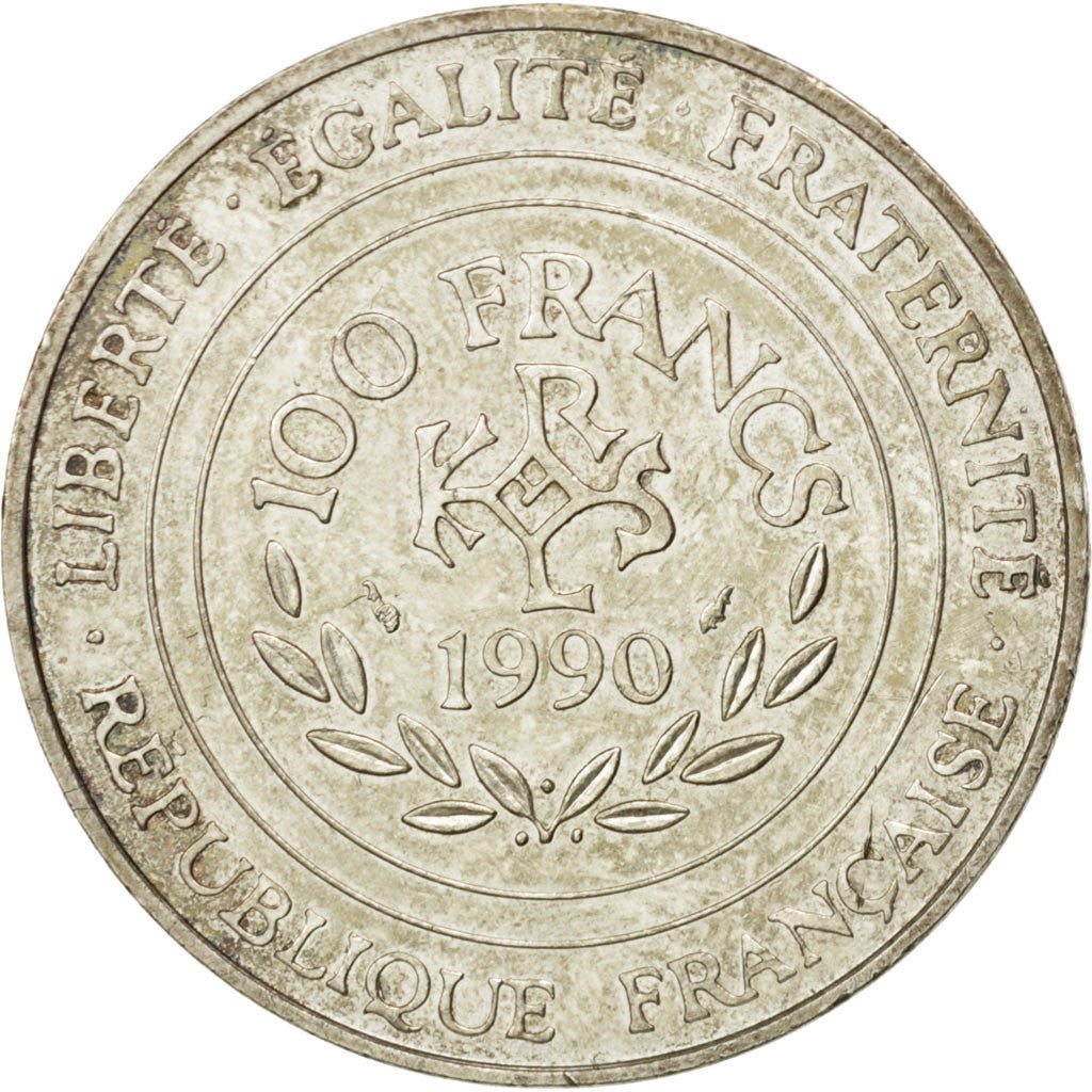 FRANCE, Charlemagne, 100 Francs, 1990, KM #982, AU(55-58), Silver, Gadoury...
