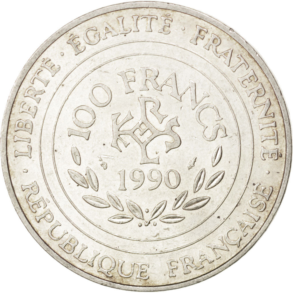 FRANCE, Charlemagne, 100 Francs, 1990, KM #982, AU(55-58), Silver, Gadoury...