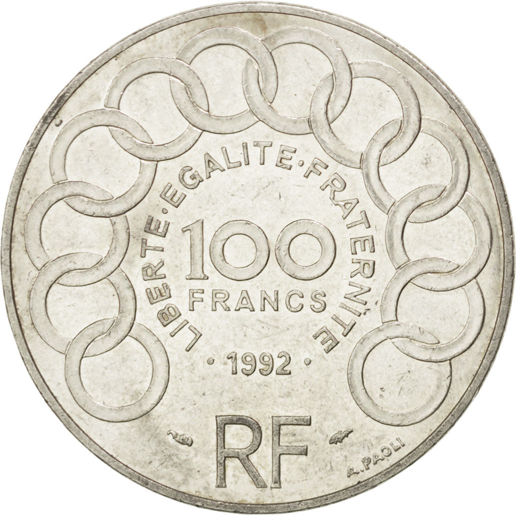 FRANCE, Jean Monnet, 100 Francs, 1992, KM #1120, AU(55-58), Silver, Gadoury...