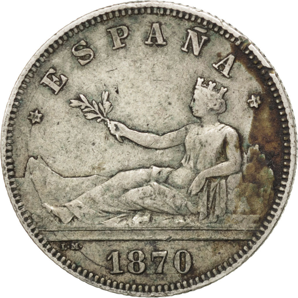 Spain, 2 Pesetas, 1870, KM #654, VF(30-35), Silver, 27, 10.20