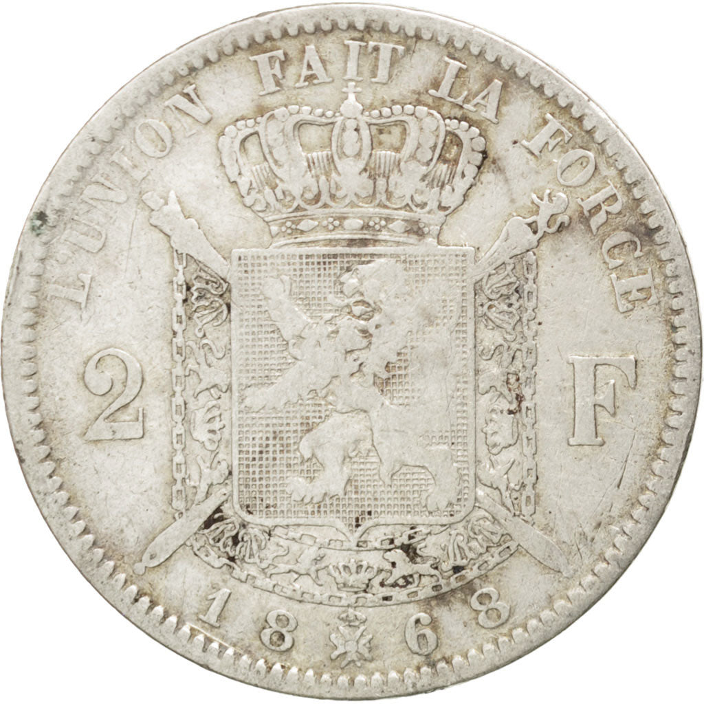 BELGIUM, 2 Francs, 2 Frank, 1868, KM #30.1, VF(20-25), Silver, 9.70