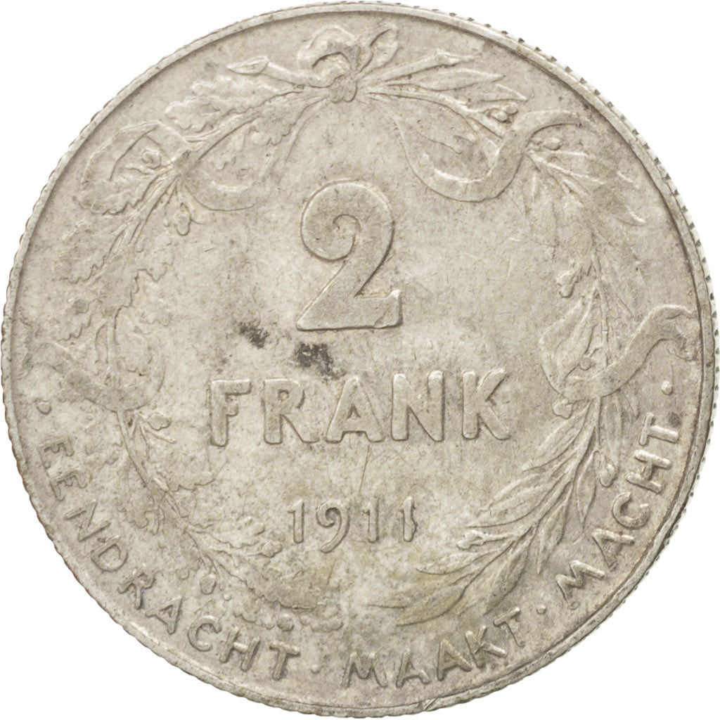 BELGIUM, 2 Francs, 2 Frank, 1911, KM #75, EF(40-45), Silver, 9.96