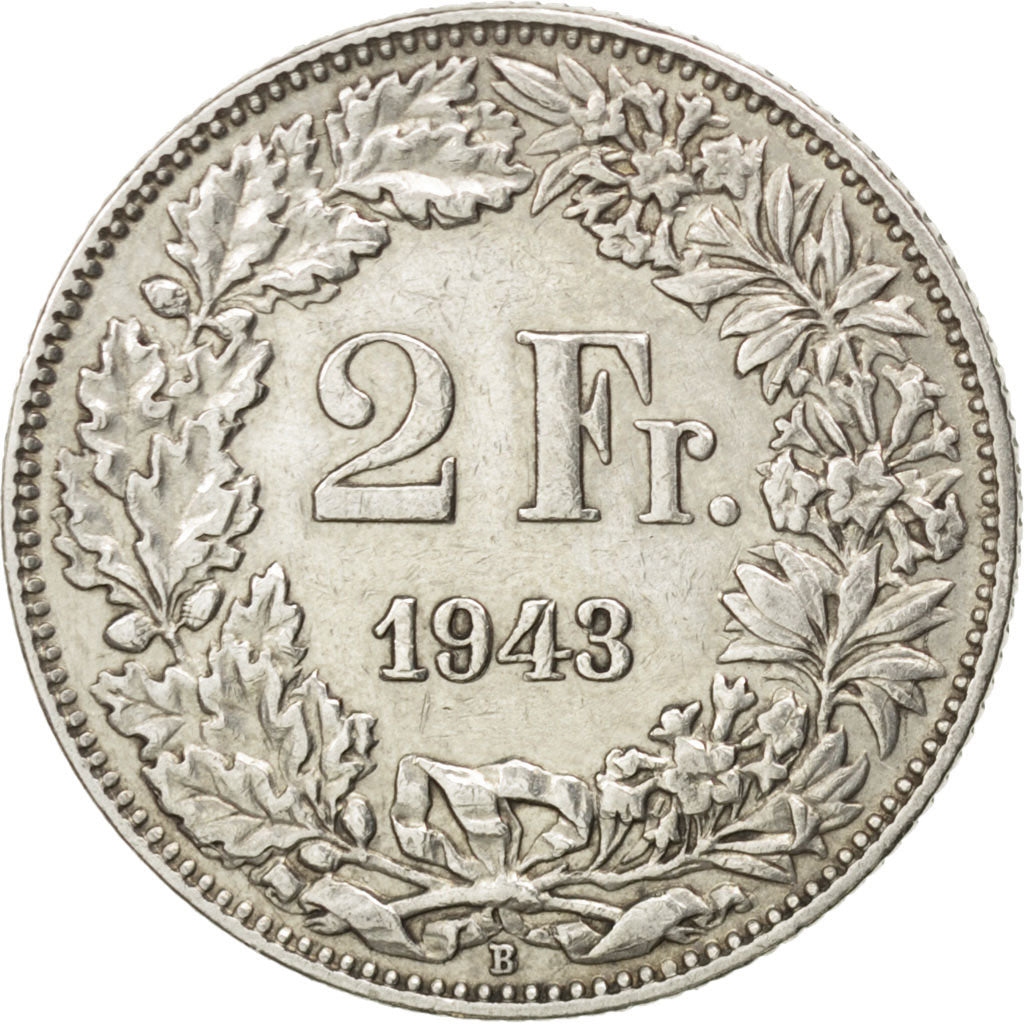 Coin, Switzerland, 2 Francs, 1943, Bern, AU(50-53), Silver, KM:21