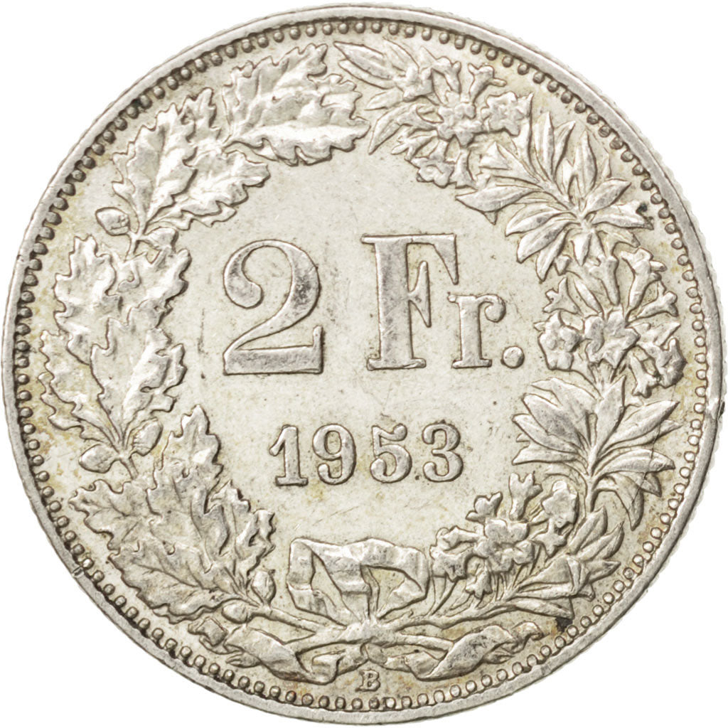 SWITZERLAND, 2 Francs, 1953, Bern, KM #21, AU(50-53), Silver, 27.4, 9.97