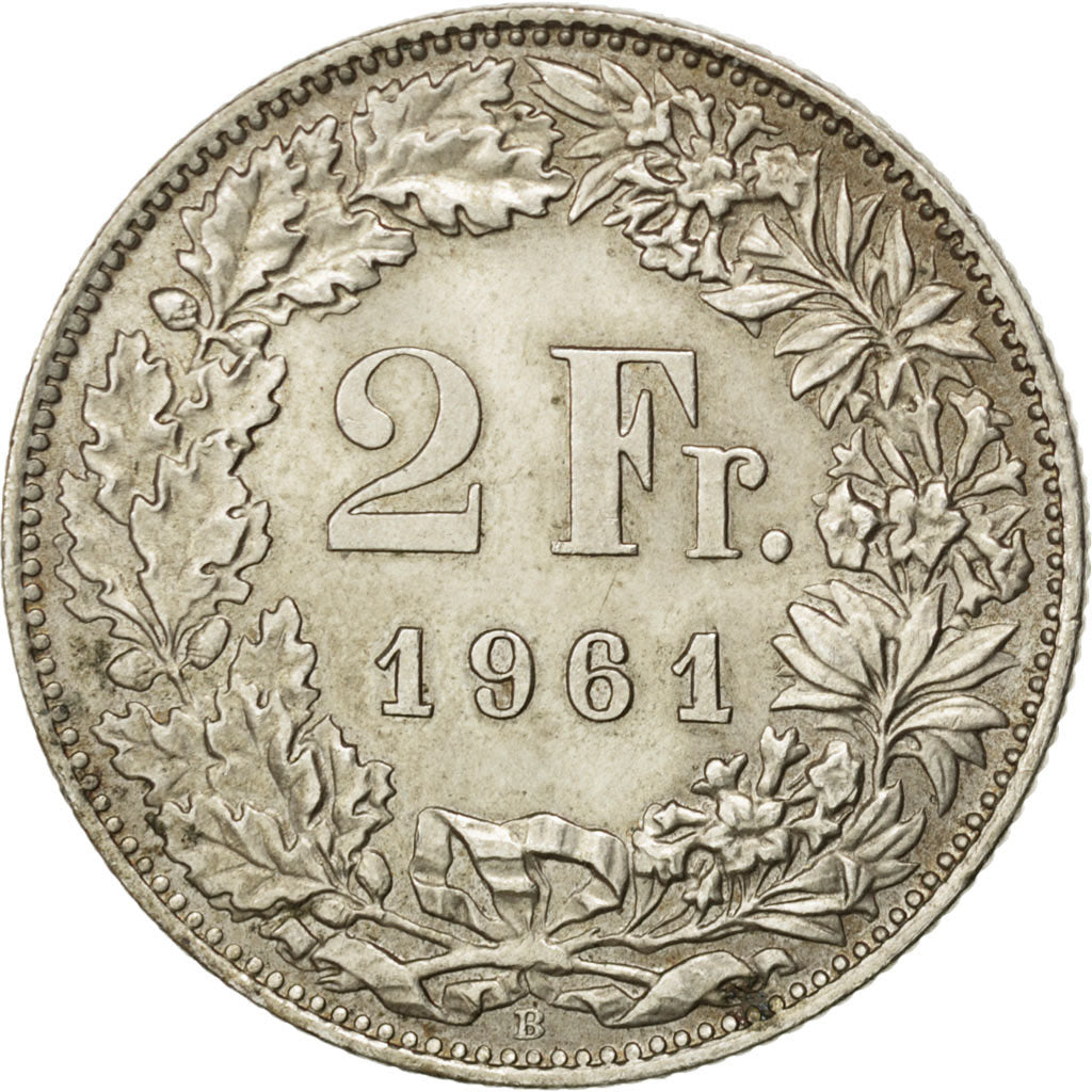 SWITZERLAND, 2 Francs, 1961, Bern, KM #21, AU(55-58), Silver, 27.4, 9.92