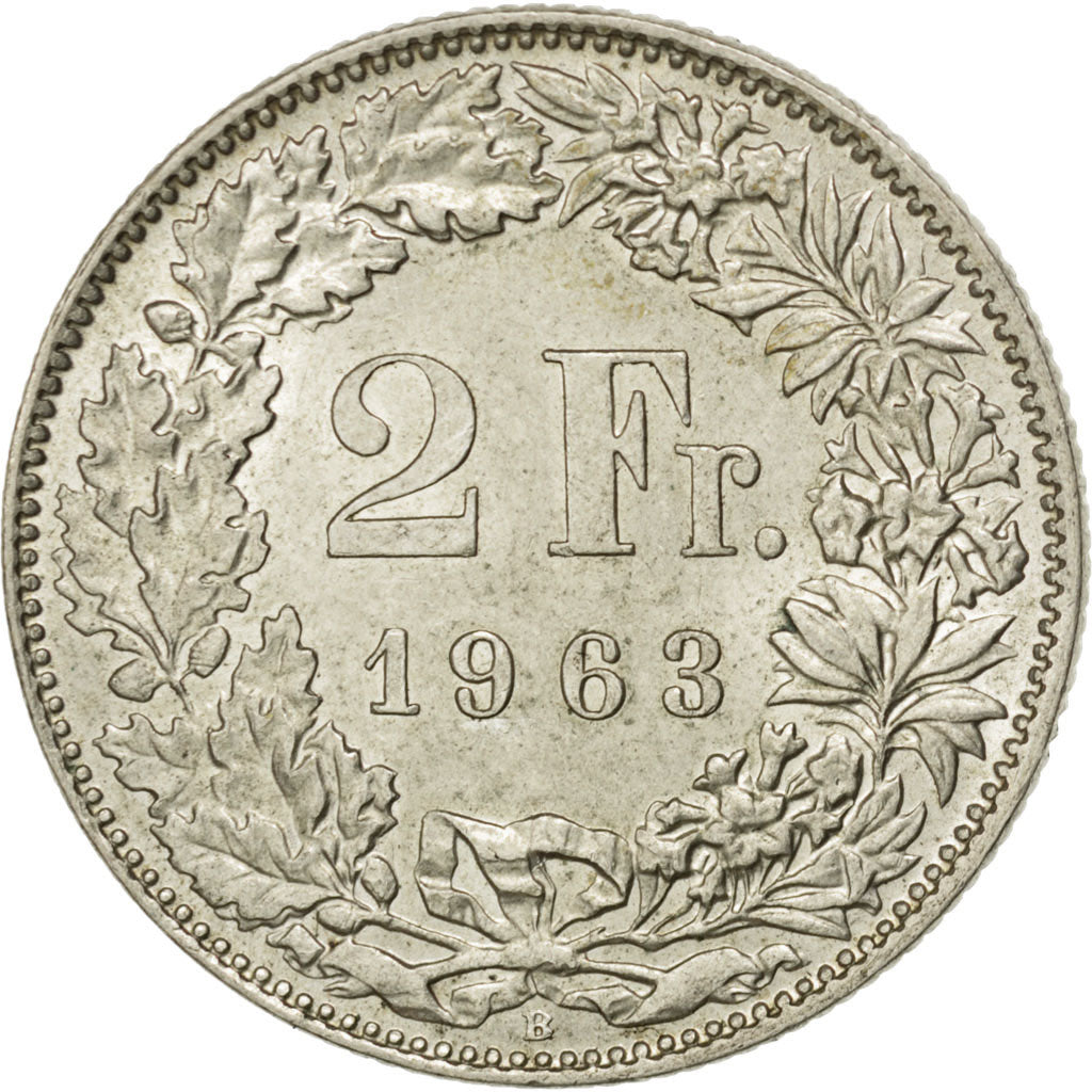 Coin, Switzerland, 2 Francs, 1963, Bern, MS(60-62), Silver, KM:21