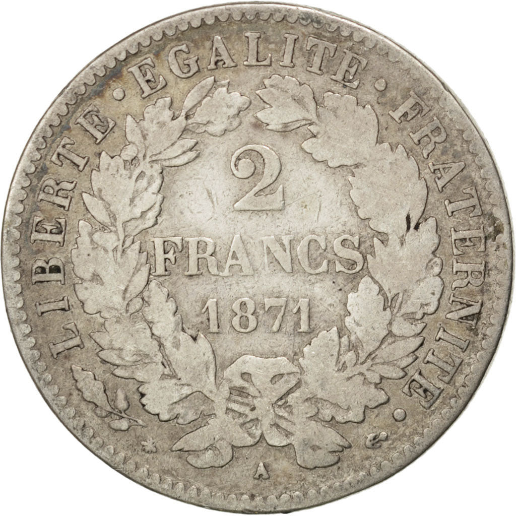 Moneta, Francia, Cérès, 2 Francs, 1871, Paris, MB, Argento, KM:817.1