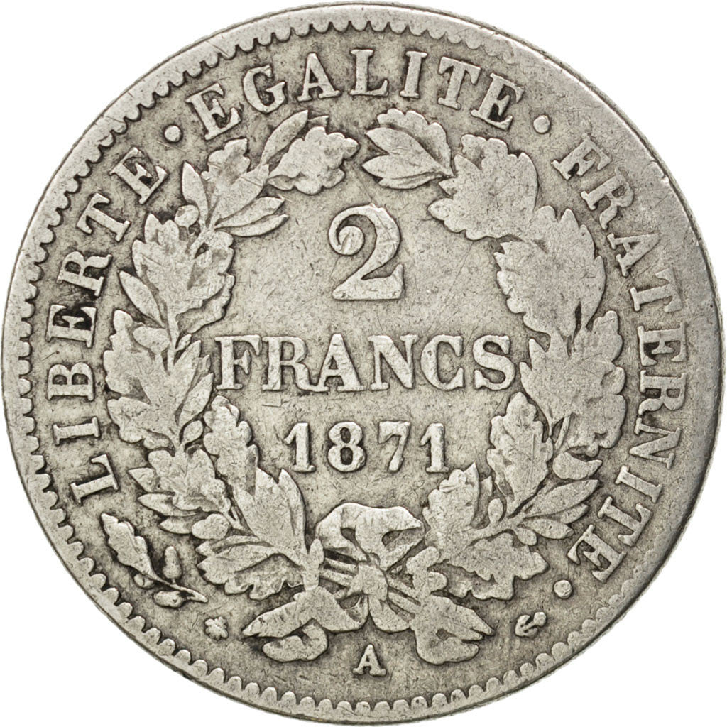 Coin, France, Cérès, 2 Francs, 1871, Paris, VF(30-35), Silver, KM:817.1